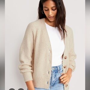 NWT Old Navy Shaker-Stitch Cardigan Sweater Size Med Speckled Cream Cotton/ Rpet